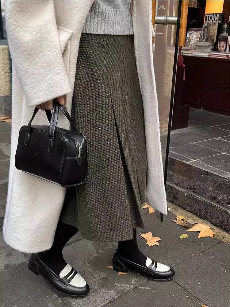 冬季新款复古压褶呢料羊毛混纺高腰半身裙经典格纹A字大摆裙