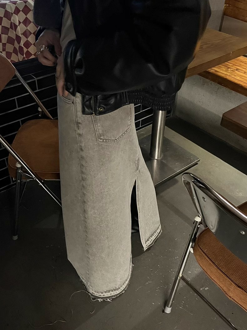 冬季新款韩版休闲小众毛边设计高腰修身开叉做旧牛仔半身裙