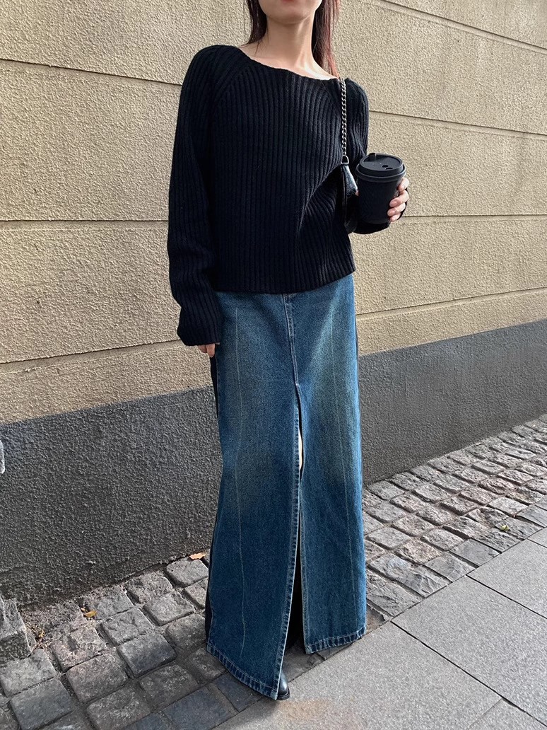 冬季新款休闲日常百搭小众设计感拼接做旧A字长款牛仔半身裙