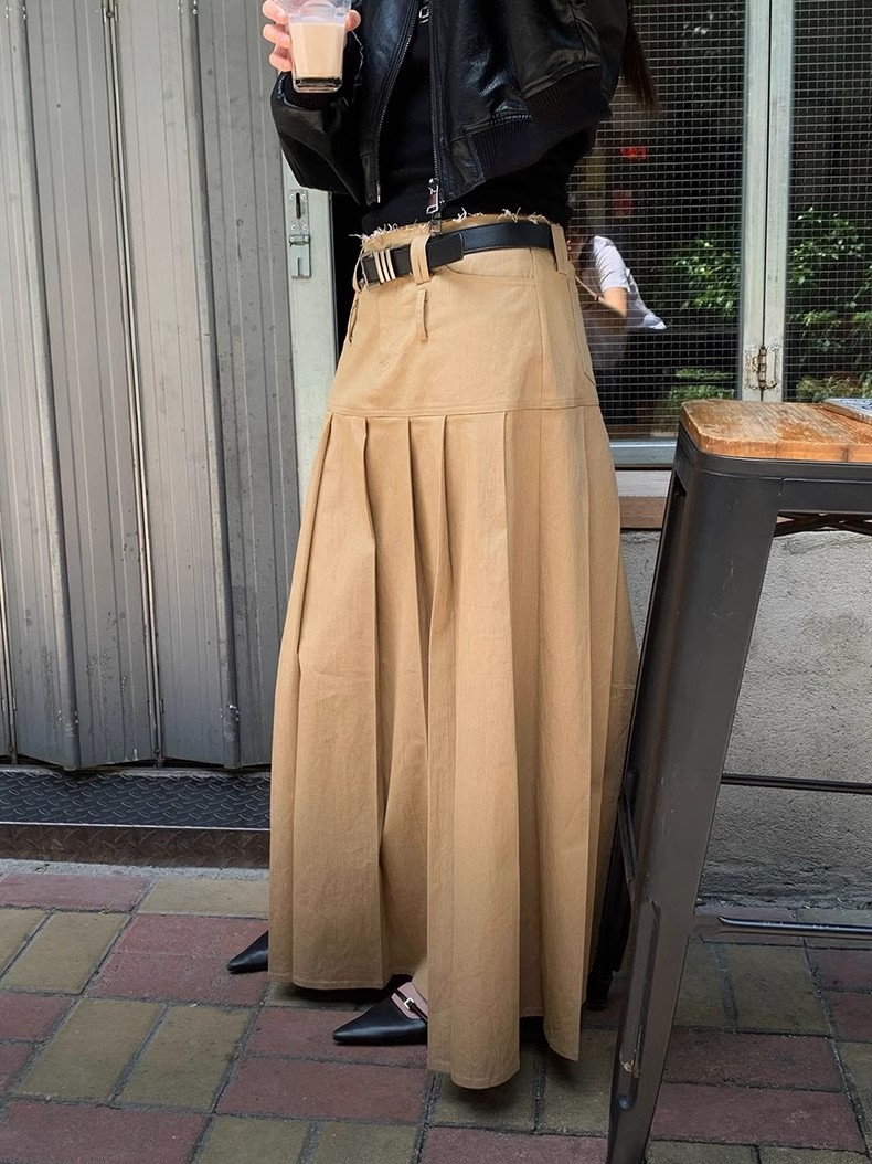 秋季新款韩版休闲通勤款纯色设计感高腰百褶大摆中长款半身裙