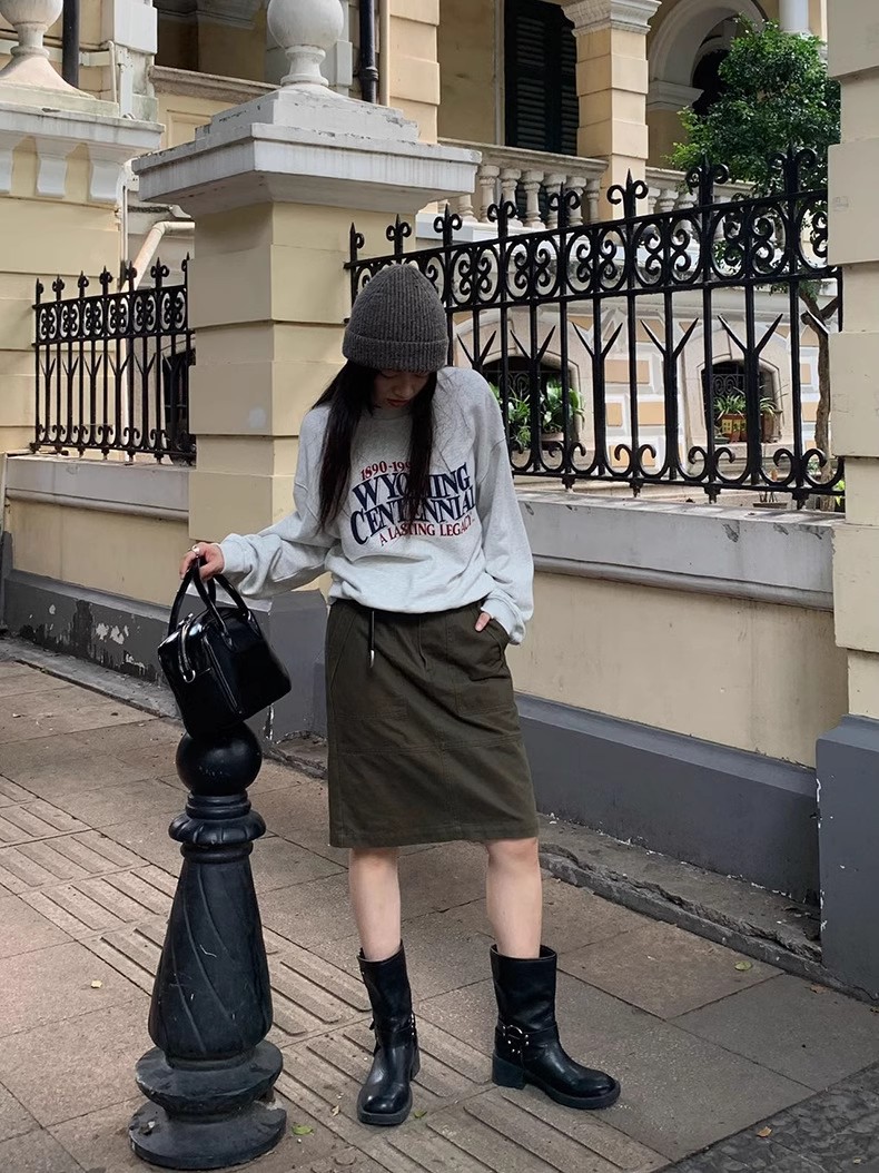 秋季新款休闲纯色高腰短款半身裙美式复古风做旧工装五分裙