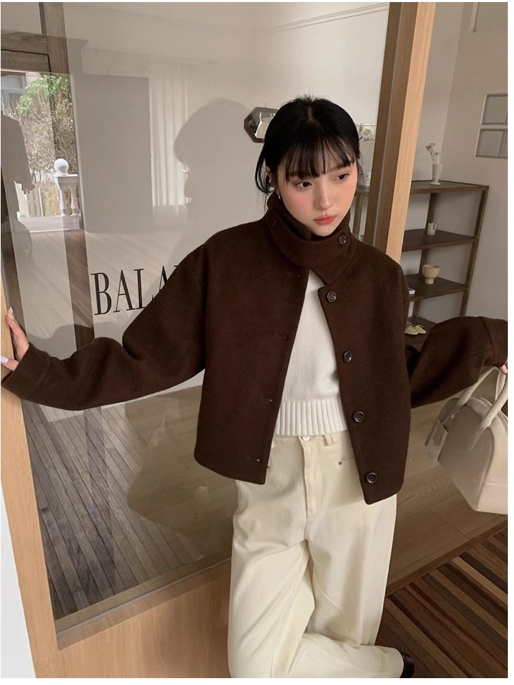 冬季新款系扣立领休闲气质短款大衣美拉德复古挺阔毛呢外套