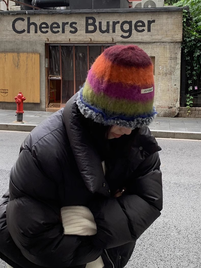 冬季新款韩版休闲街头修饰脸型时髦精拼色保暖羊绒条纹渔夫帽