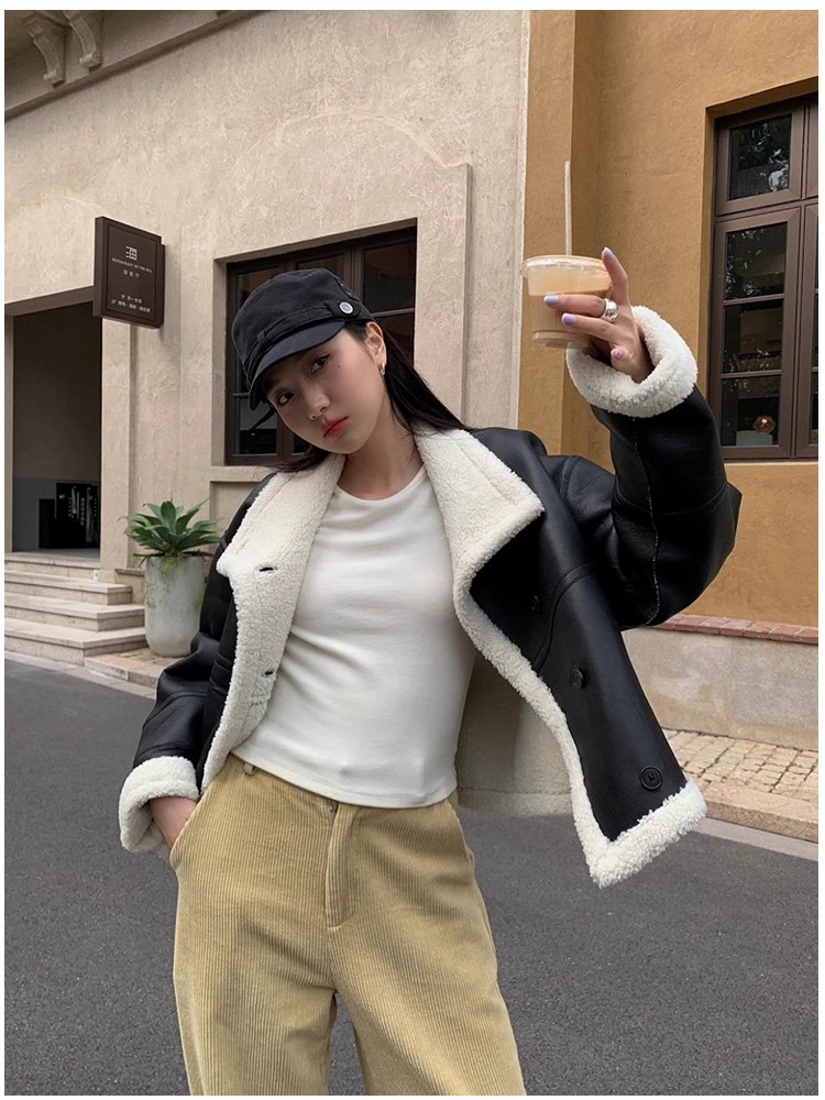 冬季新款机车服皮毛一体环保皮草立领仿羊羔毛保暖短款外套