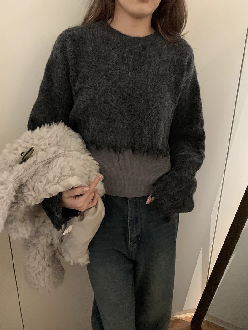 冬季新款休闲宽松慵懒风百搭设计感短款毛边软糯羊毛针织毛衣