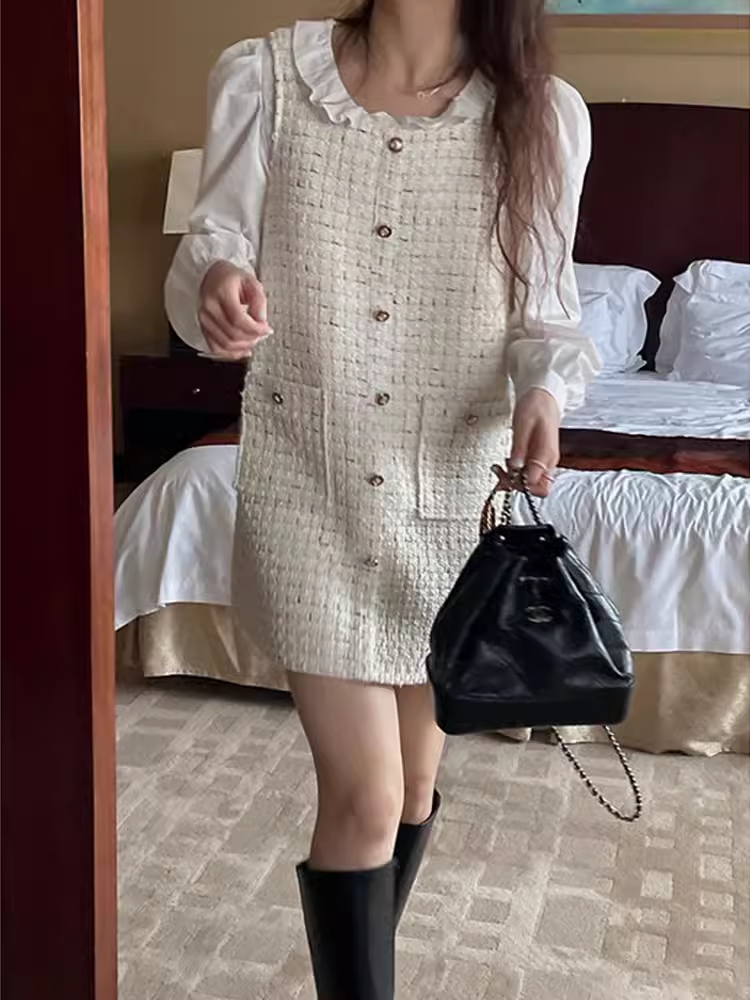 春秋新款小香风连衣裙女韩版通勤显瘦背心短裙纯色单排扣外搭