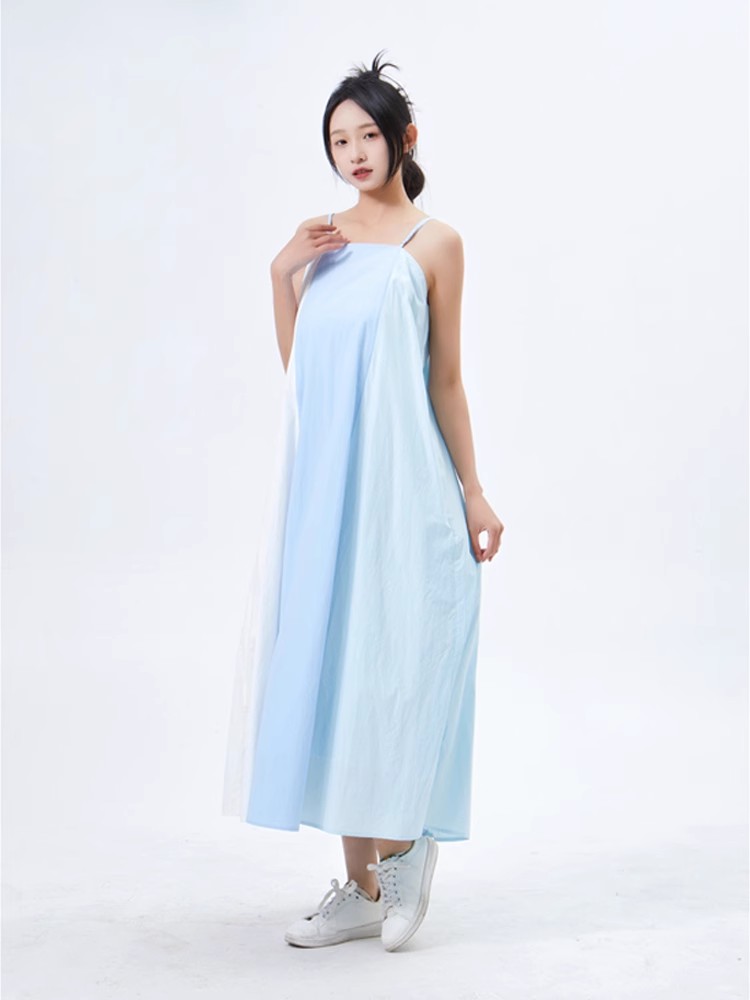 夏季新款日韩休闲吊带方领露背大摆A字裙拼色口袋长款连衣裙