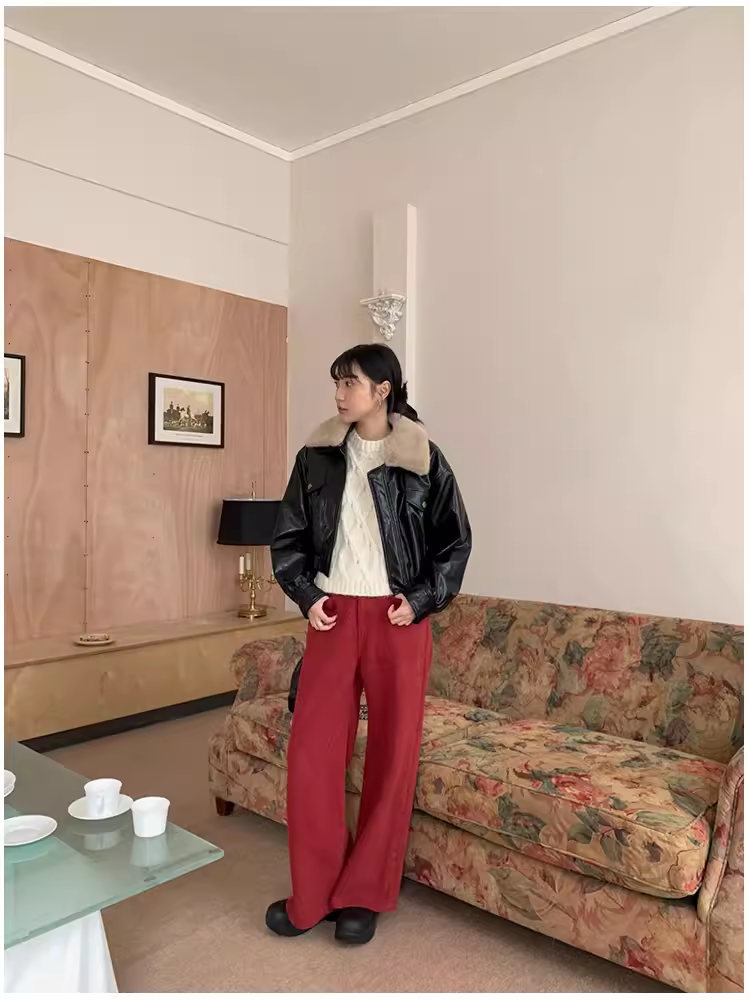 冬季新款复古水洗磨毛纯色休闲裤子显瘦高腰直筒裤百搭长裤