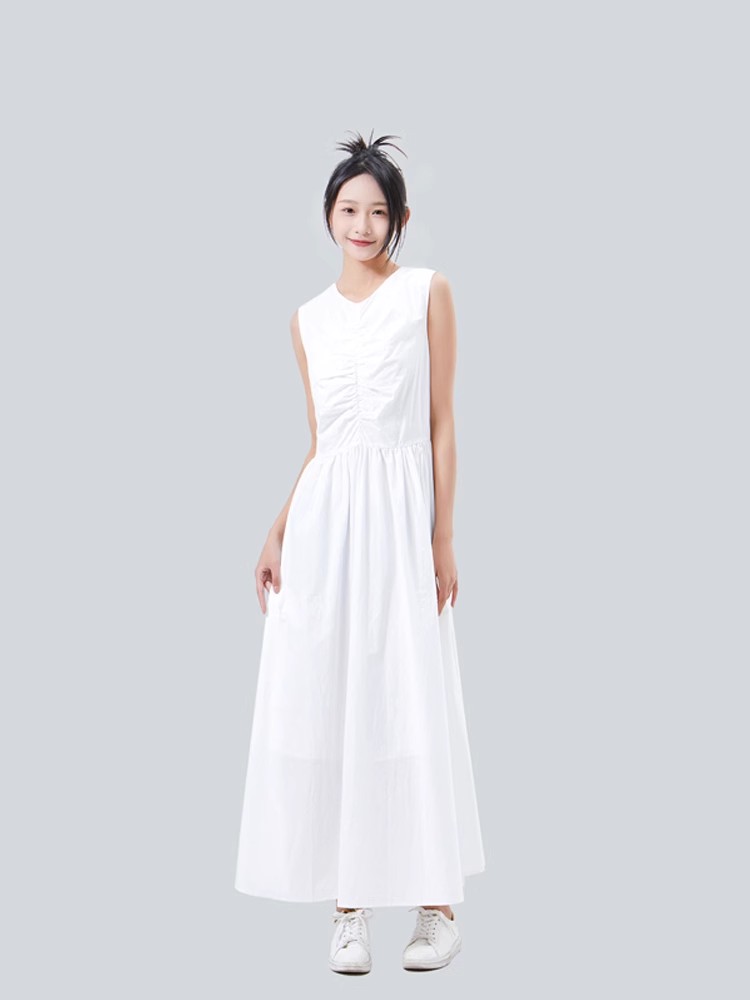 夏季新款日韩休闲气质薄款无袖收腰圆领款修身白色高腰连衣裙