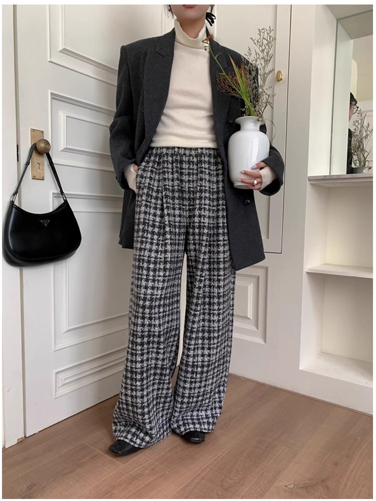 冬季新款复古长款撞色千鸟格高腰阔腿裤百搭休闲垂坠感羊毛裤