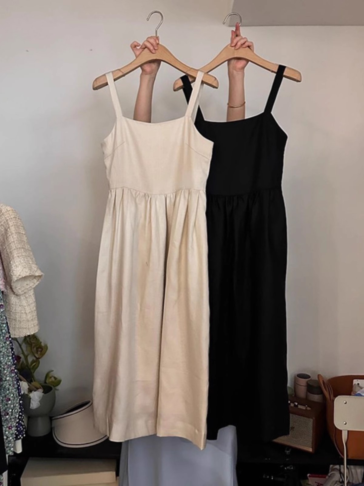 夏新款 韩系ins简约气质收腰显瘦中长款纯色背心吊带连衣裙女