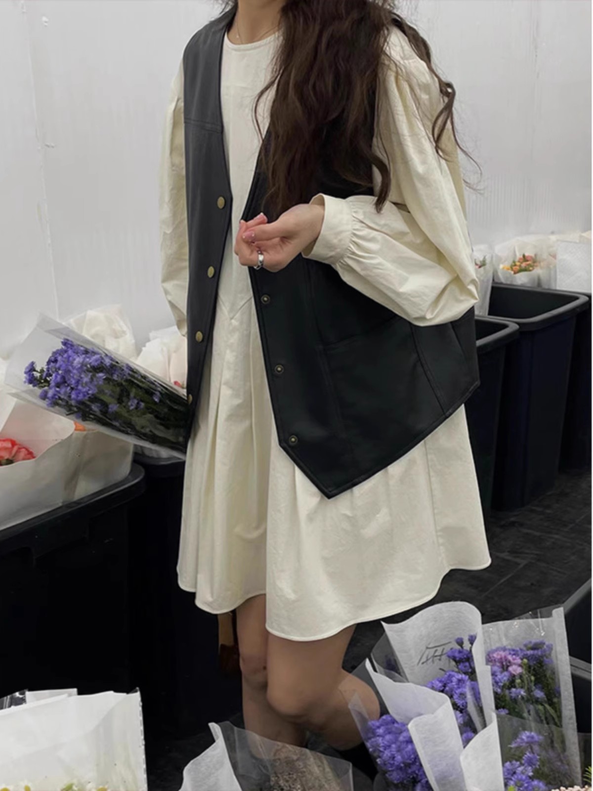 春季新款中长款连衣裙韩版宽松纯色套头衬衣裙女设计感小众