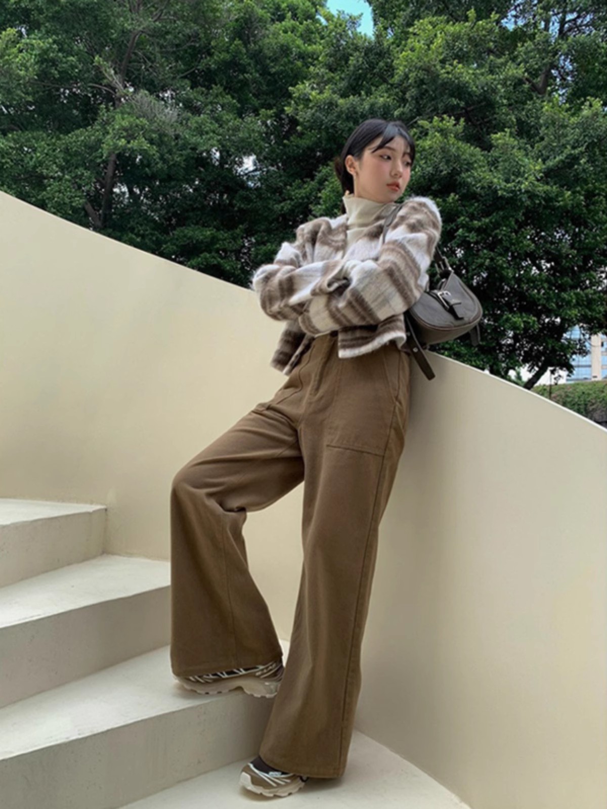 冬季新款美拉德休闲复古高腰微喇裤子梨形身材穿搭显瘦休闲裤