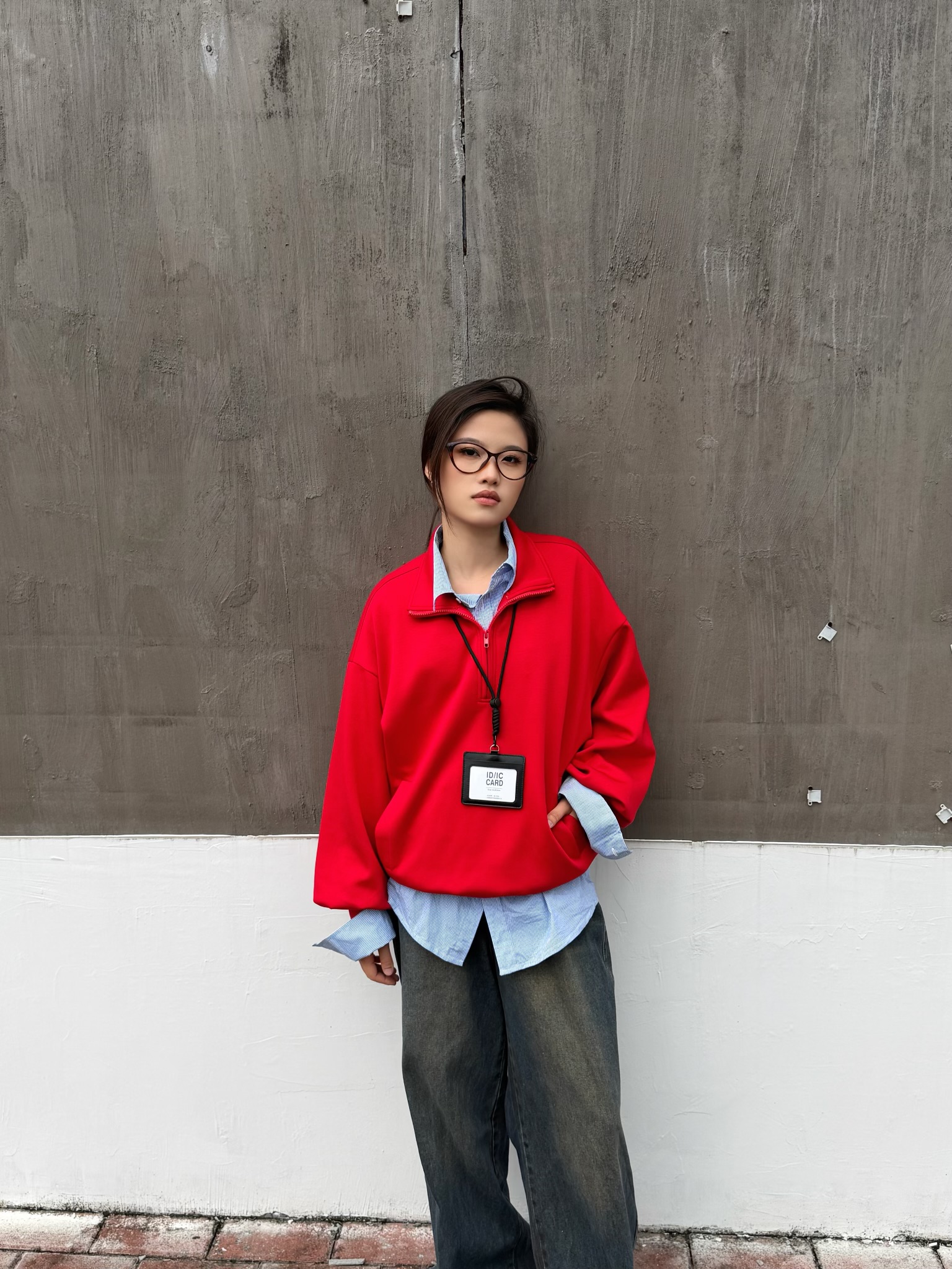 YIMEI韩版新年复古红色半拉链翻领卫衣女宽松慵懒风休闲百搭上衣