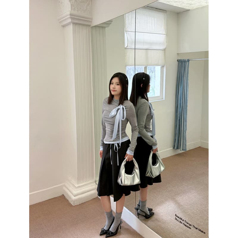 YIMEINIJIA假两件内搭长袖打底衫蝴蝶结上衣+百褶高腰半身裙套装